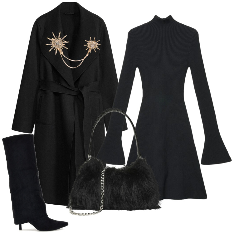 Outfit donna - Total black borsa protagonista. Stile Urban per Tutti i giorni. Abbinamento con cappotti, vestiti, borse a spalla, ciondoli, stivali.