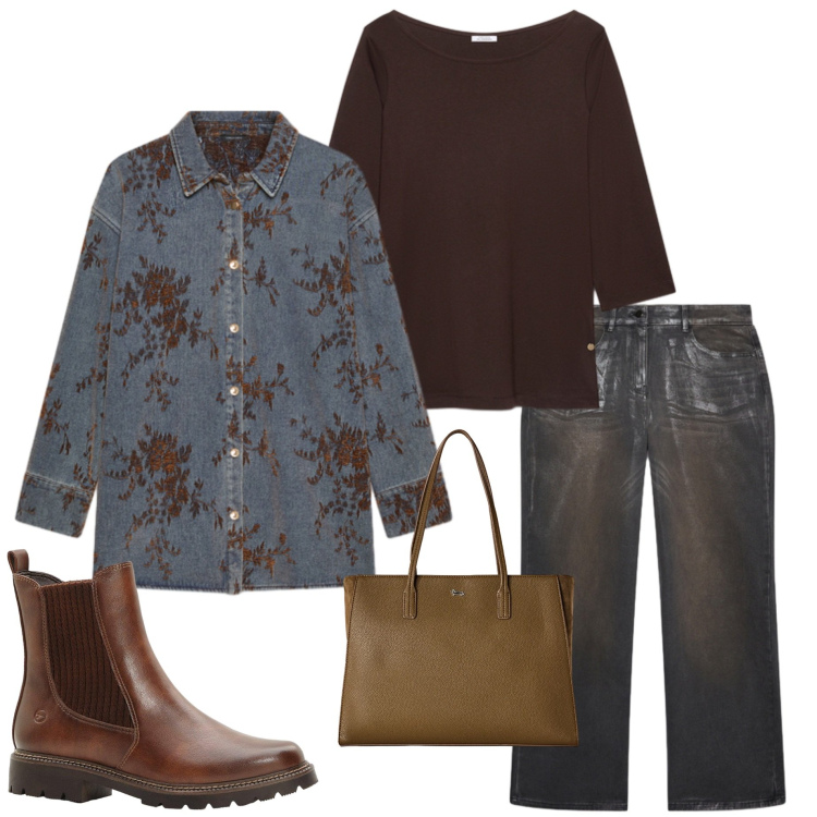 Outfit donna - Sporty style. Stile Sporty chic per Tutti i giorni. Abbinamento con stivaletti, shopping bag, t-shirt, cappotti, jeans dritti.