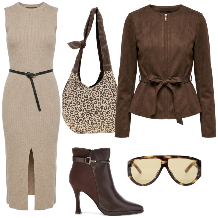 Outfit donna - Soft Leather. Stile Casual per Tutti i giorni. Abbinamento con occhiali da sole, vestiti midi/longuette, blazer, borse a spalla, stivaletti.