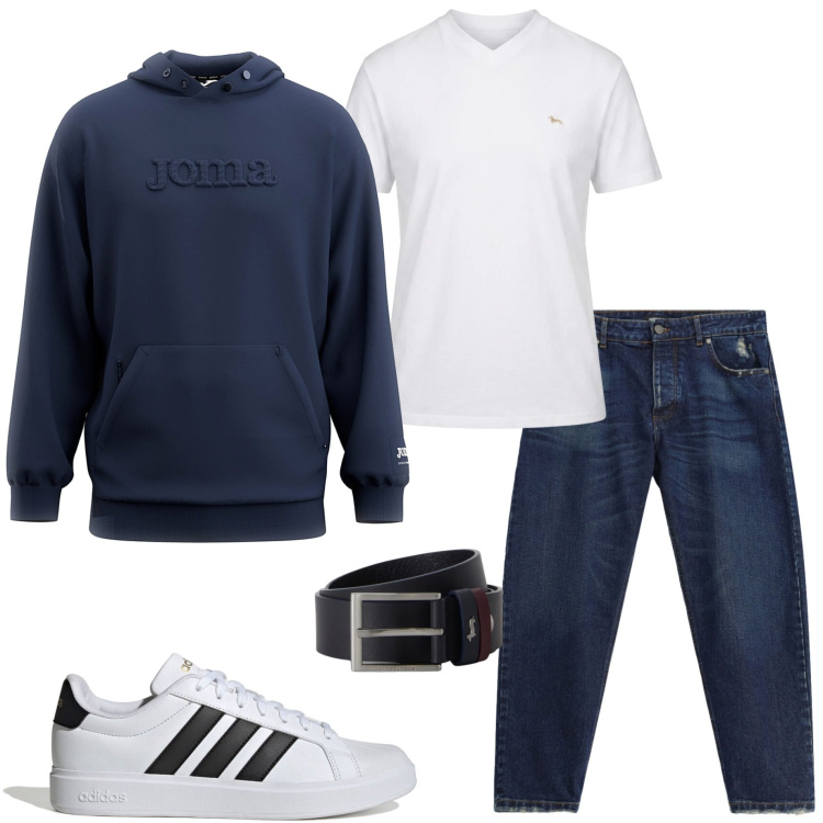 Outfit uomo - Casual ad ottobre. Stile Casual per Tutti i giorni. Abbinamento con t-shirt, cinture, jeans, felpe con cappuccio, sneakers.