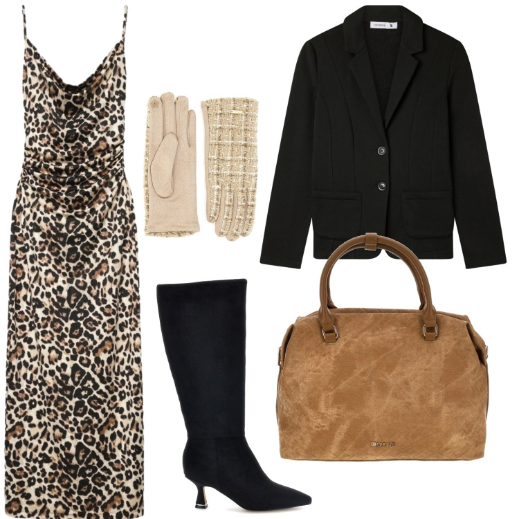 Outfit donna - Uscita trendy. Stile Casual per Tutti i giorni. Abbinamento con blazer, vestiti lunghi, borse a tracolla, guanti, stivali sopra il ginocchio.