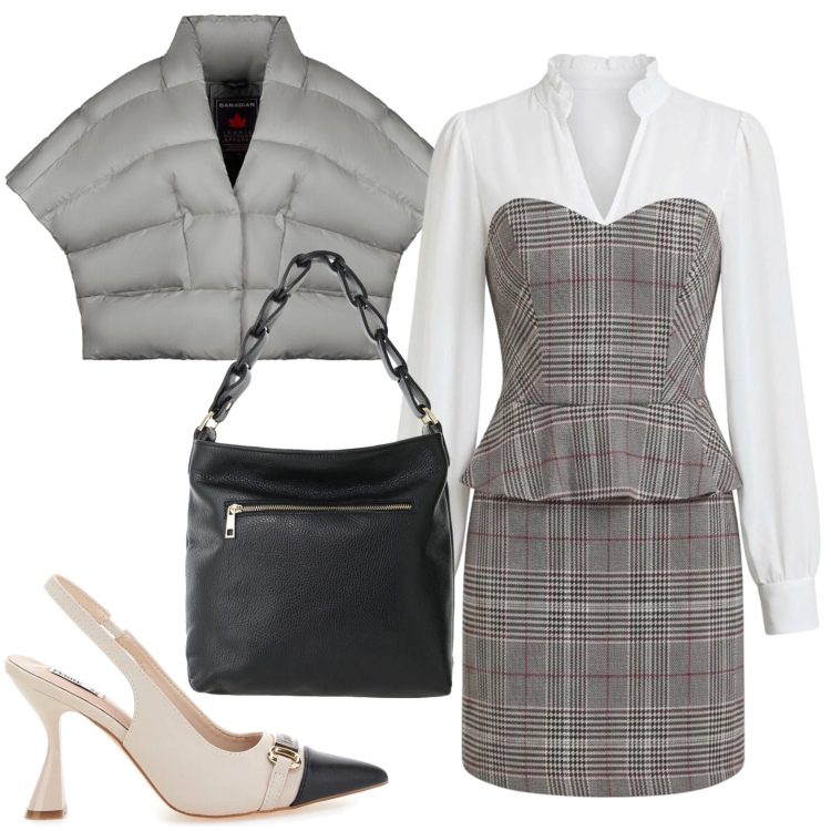Outfit donna - Work style. Stile Casual per Ufficio. Abbinamento con borse a spalla, vestiti corti, piumini, décolleté.