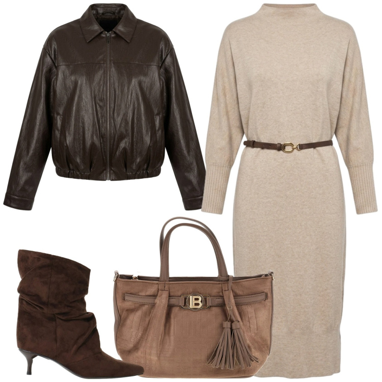 Outfit donna - Soft leather: gli opposti si attraggono. Stile Casual chic per Ufficio. Abbinamento con stivali, vestiti midi/longuette, bomber, borse a mano.