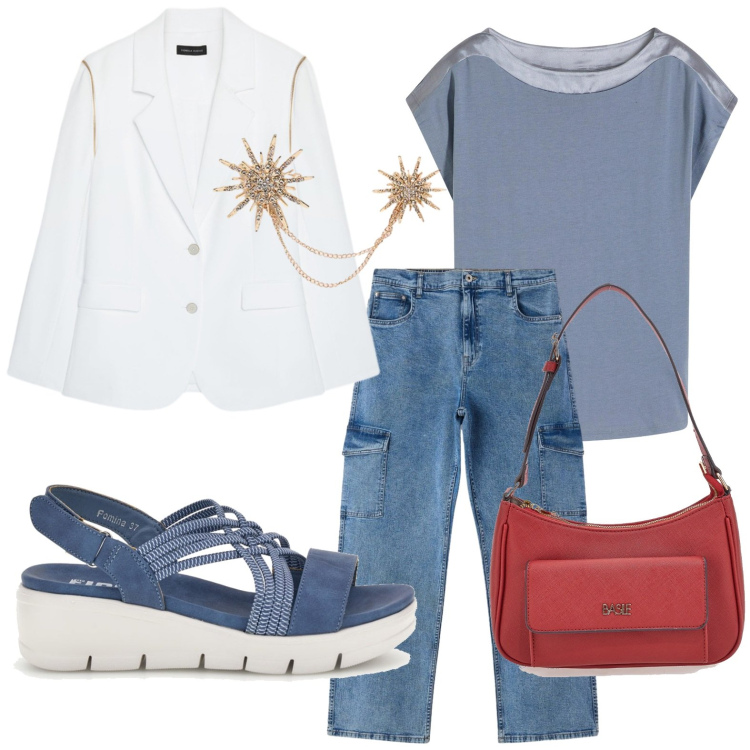 Outfit donna - Saldi imperdibili. Stile Casual per Tutti i giorni. Abbinamento con bluse, jeans dritti, blazer, ciondoli, borse a spalla, sandali.