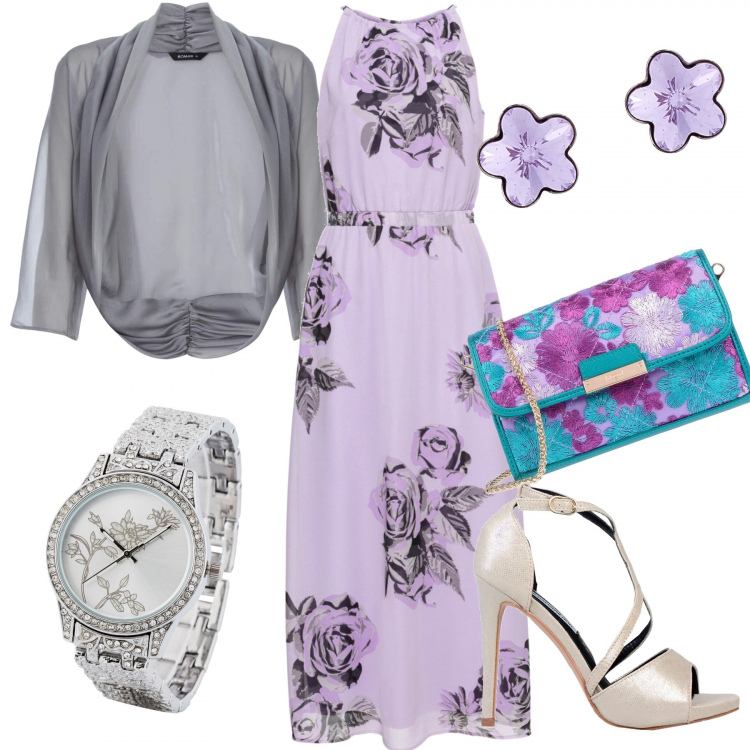 Outfit donna - Curvy cerimonia low cost!. Stile Chic per Cerimonia. Abbinamento con sandali effetto laminato con tacco spillo e fibbia con punta tonda tinta unita, borsa a mano fantasia floreale con ricamo taglia media crêpe, vestito lungo, t-shirt sportive, orecchini, giacca grigio.