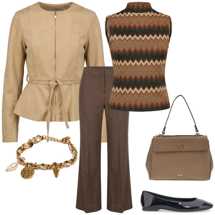 Outfit donna - Soft leather in autunno. Stile Casual chic per Tutti i giorni. Abbinamento con pantaloni, blazer, braccialetti, top, ballerine, borse a tracolla.
