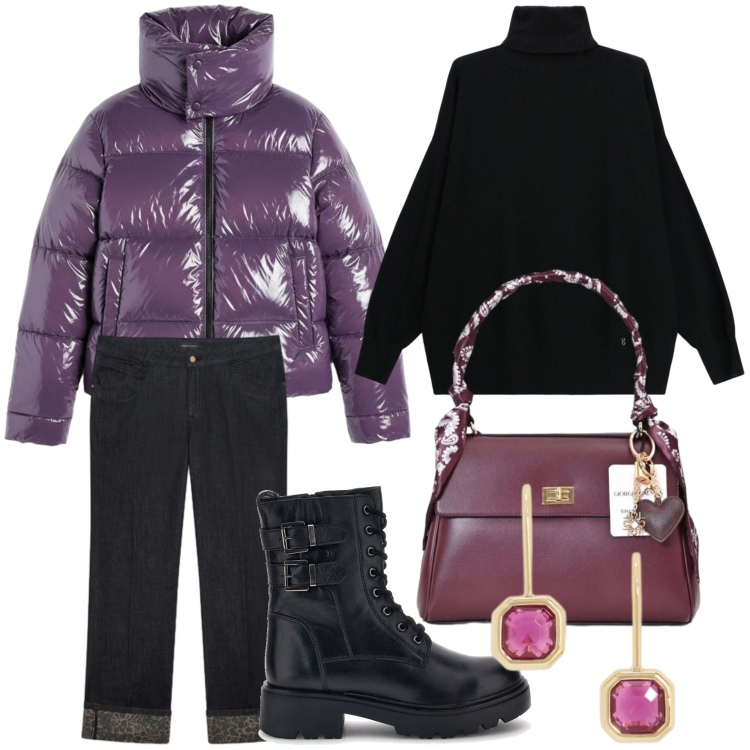 Outfit donna - Giacca eco. Stile Basic per Tutti i giorni. Abbinamento con borse a mano, pullovers, jeans, orecchini, piumini, anfibi.