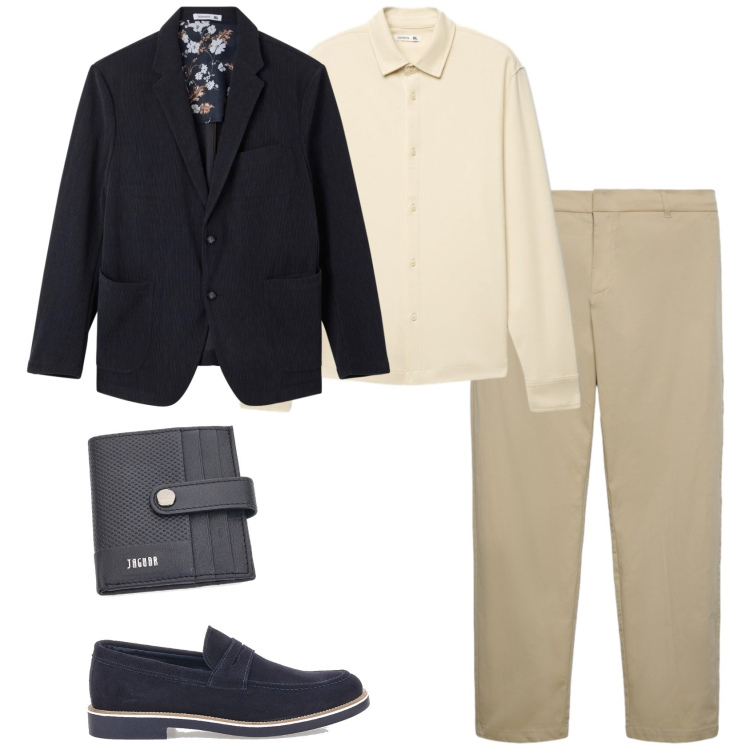 Outfit uomo - Smart casual in ufficio. Stile Business/Elegante per Ufficio. Abbinamento con pantaloni chino, giacche, camicie, scarpe stringate, portafogli.