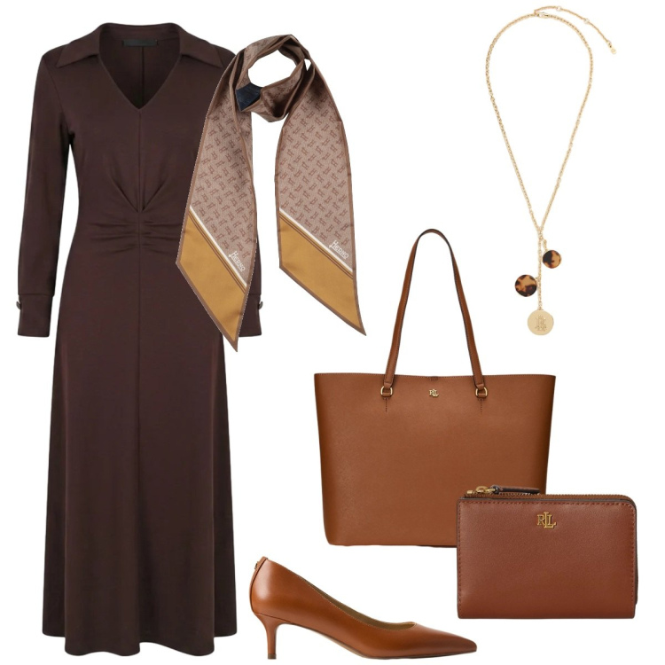 Outfit donna - Il foulard. Stile Basic per Serata fuori. Abbinamento con sciarpe, vestiti midi/longuette, borse tote, décolleté, collane, portafogli.