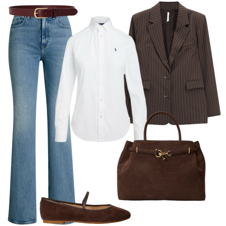 Outfit donna - La camicia bianca. Stile Basic per Tutti i giorni. Abbinamento con blazer, camicie, jeans bootcut, ballerine, borse a mano, cinture.