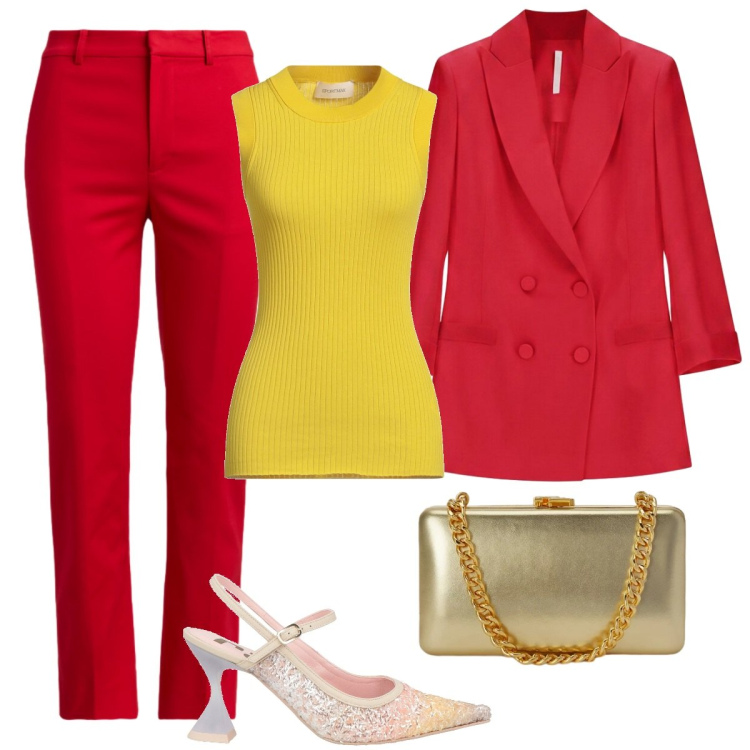 Outfit donna - Rosso cerimonia. Stile Casual chic per Cerimonia. Abbinamento con décolleté, pullovers, blazer, pantaloni, clutch.