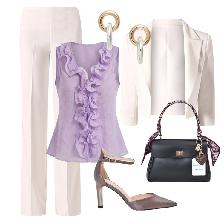 Outfit donna - Pranzo cerimonia. Stile Casual chic per Cerimonia. Abbinamento con orecchini, camicie a manica corta, pantaloni a palazzo, décolleté, blazer, borse a mano.