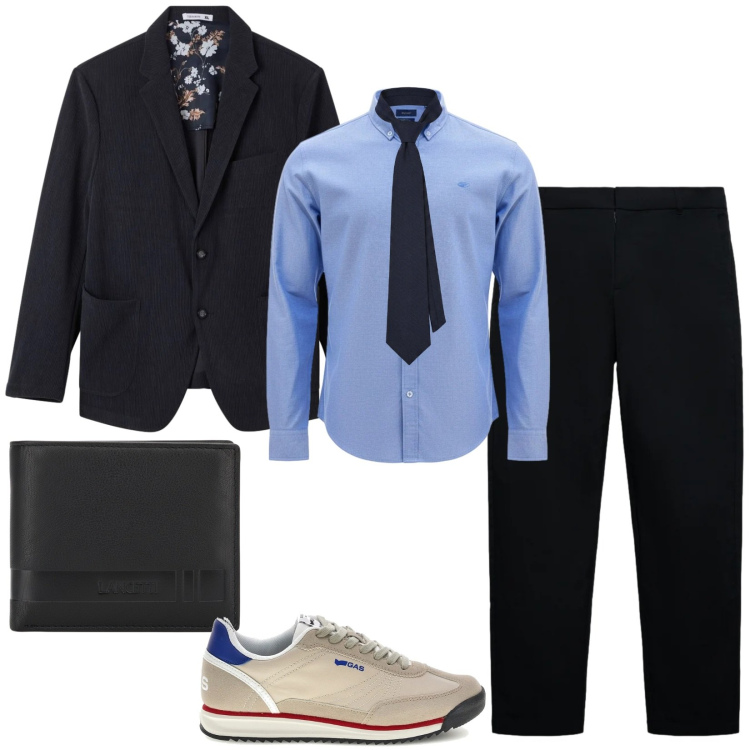 Outfit uomo - Smart casual. Stile Trendy per Ufficio. Abbinamento con cravatte, pantaloni chino, giacche, camicie, portafogli, sneakers.