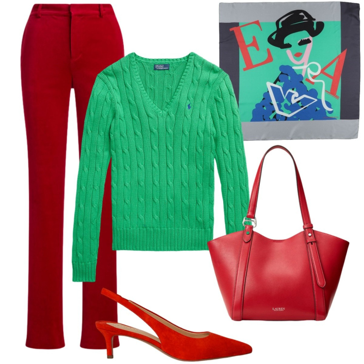 Outfit donna - Rosso/Verde. Stile Basic per Serata fuori. Abbinamento con sciarpe, décolleté, maglieria, borse tote, pantaloni.