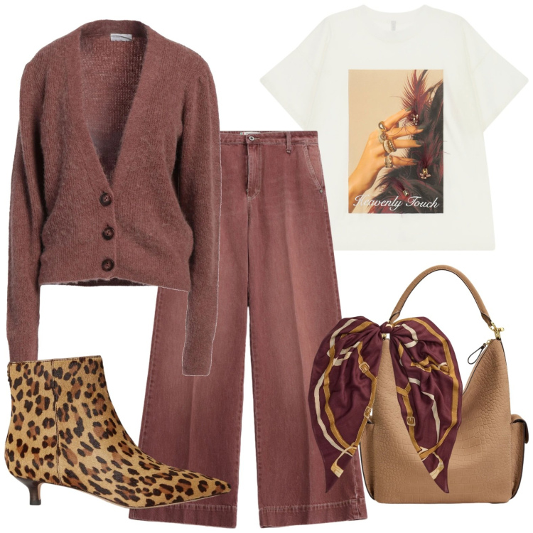 Outfit donna - Ufficii. Stile Casual chic per Ufficio. Abbinamento con t-shirt, borse a spalla, foulard, stivaletti, jeans, cardigans.