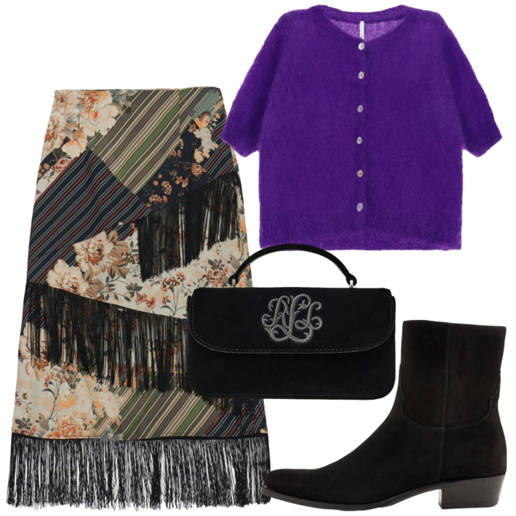 Outfit donna - Frange da mattina a sera. Stile Chic per Ufficio. Abbinamento con gonne longuette, cardigans, stivaletti, borse a mano.