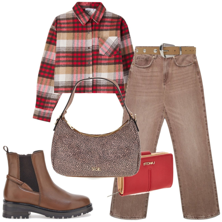 Outfit donna - Casual. Stile Casual per Tutti i giorni. Abbinamento con camicie, jeans dritti, cinture, stivaletti chelsea, borse a tracolla, portafogli.