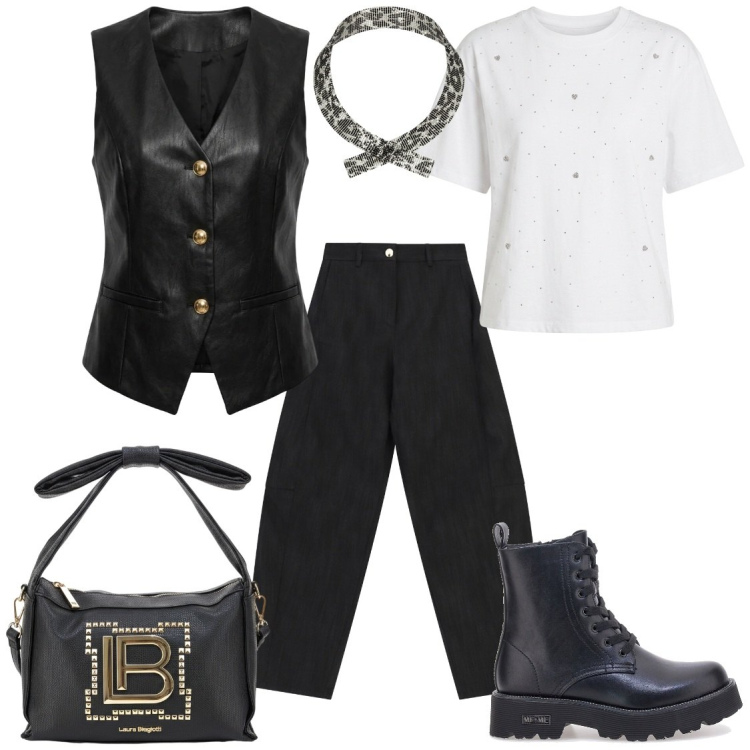 Outfit donna - Tre pezzi basic. Stile Rock per Tutti i giorni. Abbinamento con pantaloni, collane, t-shirt, gilet, anfibi, borse a mano.