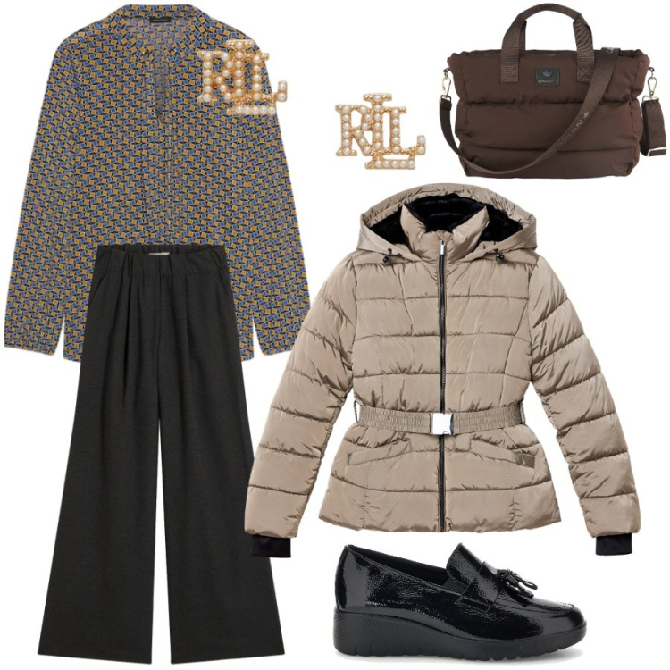Outfit donna - Total look #2485730. Stile Casual chic per Tutti i giorni. Abbinamento con pantaloni, piumini, bluse, orecchini, borse tote, mocassini.