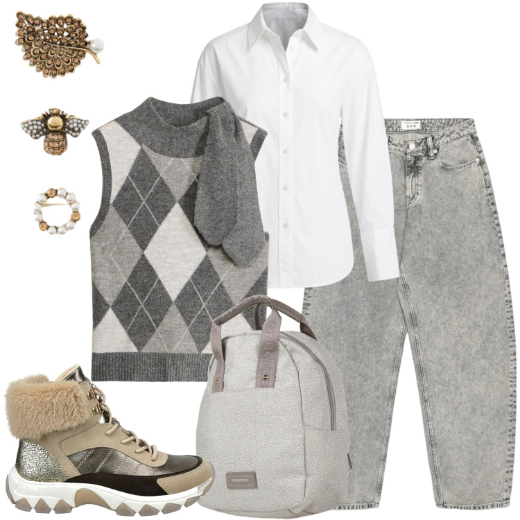 Outfit donna - Con gilet. Stile Casual per Ufficio. Abbinamento con zaini, maglieria, jeans, camicie, accessori per capelli, anfibi.