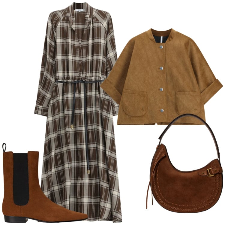 Outfit donna - Suede country. Stile Etnico per Tutti i giorni. Abbinamento con blazer, vestiti lunghi, borse a spalla, stivaletti chelsea.
