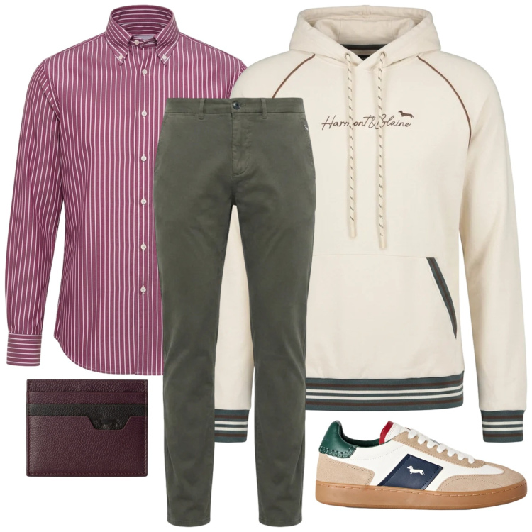 Outfit uomo - Everyday Harmont & Blaine. Stile Casual per Tutti i giorni. Abbinamento con felpe con cappuccio, camicie, pantaloni, sneakers, portafogli.