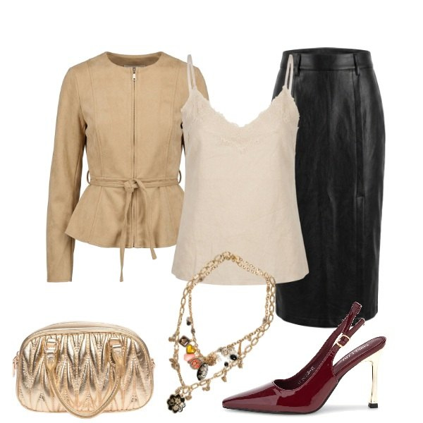 Outfit donna - Urban Romance: Eleganza di Carattere. Stile Romantica per Cerimonia. look ideale per Tall. Abbinamento con blazer, gonne longuette, collane, top, borse a mano, décolleté.