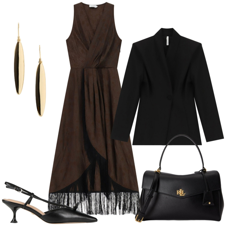 Outfit donna - Cerimonia nero e marrone. Stile Chic per Cerimonia. Abbinamento con décolleté, blazer, vestiti midi/longuette, borse a mano, orecchini.
