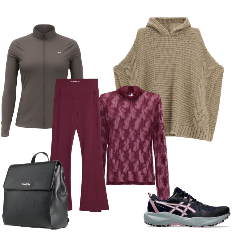 Outfit donna - Layering sporty chic. Stile Sporty chic per Tutti i giorni. Abbinamento con zaini, leggings sportivo, t-shirt, maglieria, scarpe sportive, felpe sportive.