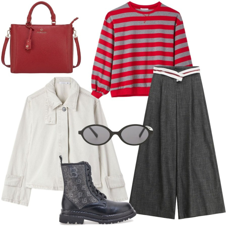 Outfit donna - Rosso e grigio per l\' università. Stile Casual chic per Scuola/Università. Abbinamento con t-shirt, cappotti, occhiali da sole, pantaloni a palazzo, anfibi, borse a tracolla.