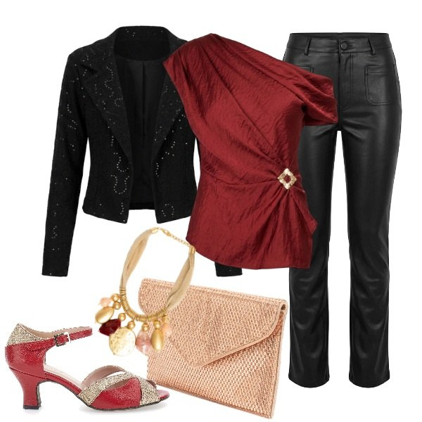 Outfit donna - Red Passion & Leather: Eleganza Rock. Stile Rock per Cerimonia. look ideale per Tall. Abbinamento con pantaloni, collane, top, blazer, pochette, décolleté.
