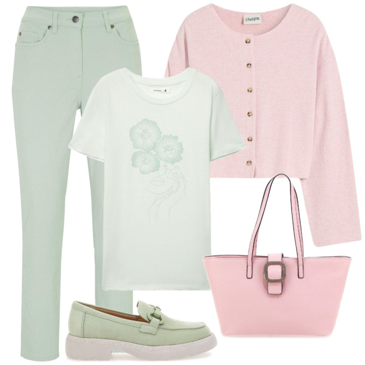 Outfit donna - Toni delicati. Stile Basic per Tutti i giorni. Abbinamento con pantaloni, cardigans, t-shirt, borse a spalla, mocassini.