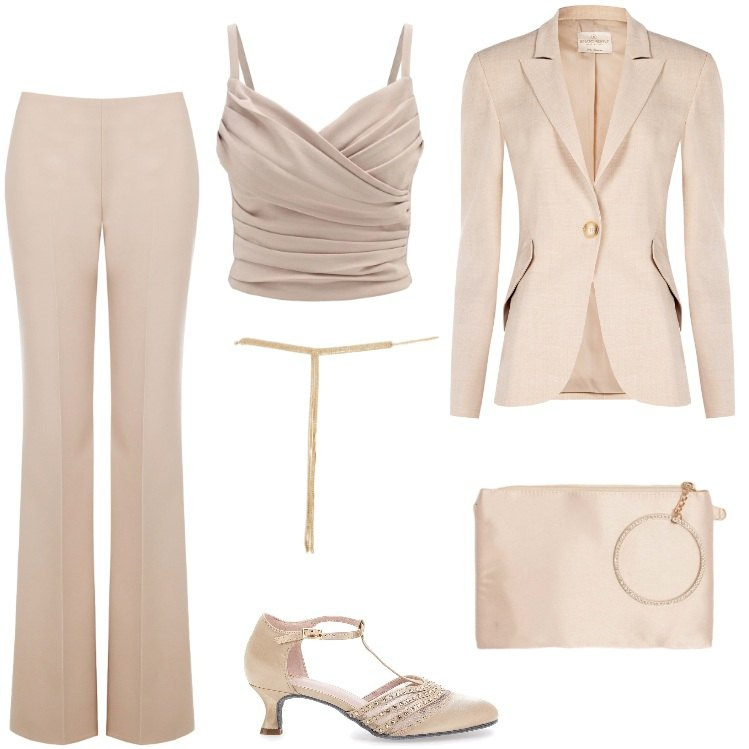 Outfit donna - Invito d'autunno. Stile Chic per Cerimonia. Abbinamento con blazer, canottiere, pantaloni a palazzo, pochette, collane, décolleté.