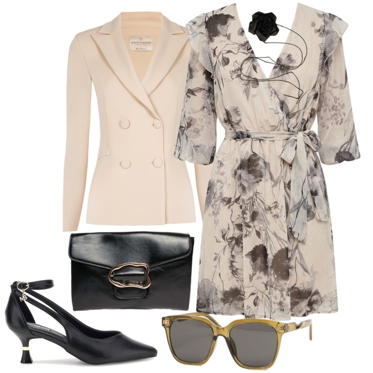 Outfit donna - Fiore tra i fiori. Stile Bon Ton per Cerimonia. Abbinamento con vestiti corti, blazer, clutch, collane, occhiali da sole, décolleté.