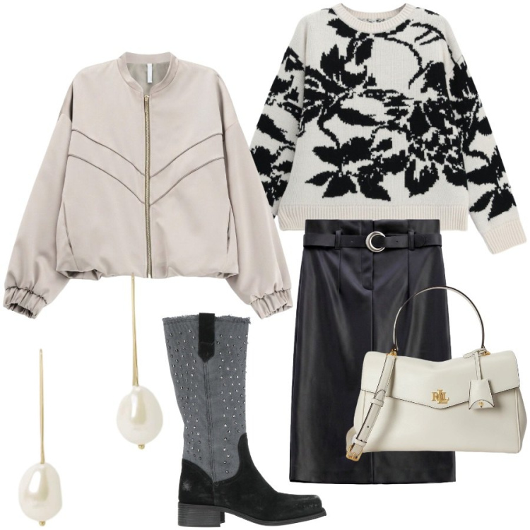 Outfit donna - Urban style. Stile Urban per Ufficio. Abbinamento con maglieria, bomber, gonne longuette, borse a mano, orecchini, stivali.