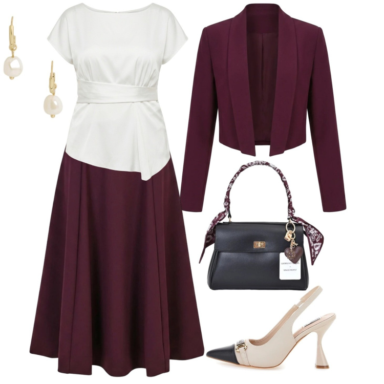 Outfit donna - Invito d\'autunno. Stile Bon Ton per Cerimonia. Abbinamento con gonne lunghe, bluse, blazer, borse a mano, orecchini, décolleté.