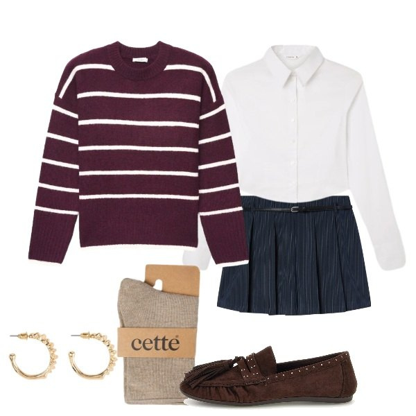 Outfit donna - Preppy Stripes: Il fascino collegiale. Stile Preppy per Scuola/Università. look ideale per Petite. Abbinamento con orecchini, minigonne, camicie, pullovers, calzini, mocassini.
