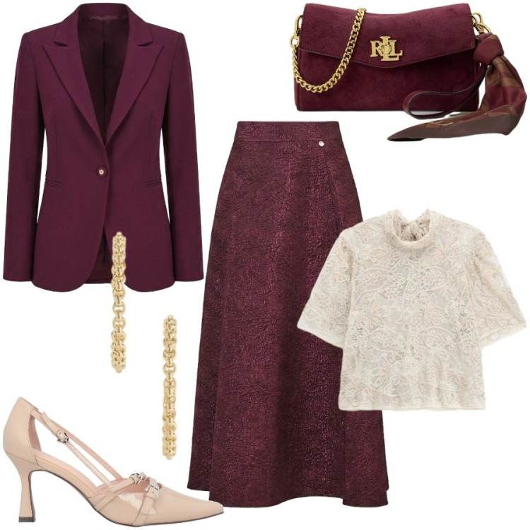 Outfit donna - Autunno color Burgundi. Stile Chic per Cerimonia. Abbinamento con décolleté, gonne longuette, blazer, top, borse a tracolla, orecchini.