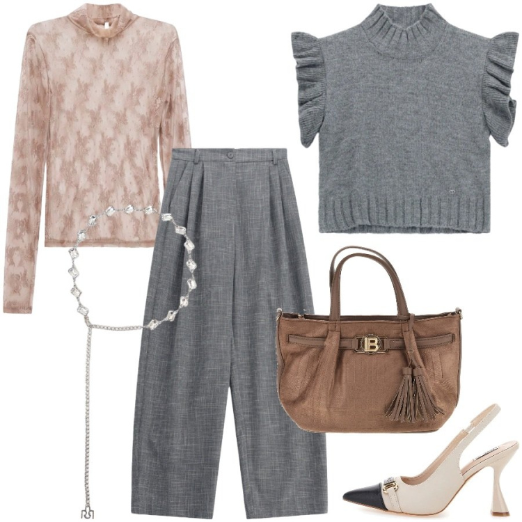 Outfit donna - Outfit del cuore. Stile Chic per Tutti i giorni. Abbinamento con pantaloni a palazzo, t-shirt, maglieria, cinture, décolleté, borse a mano.