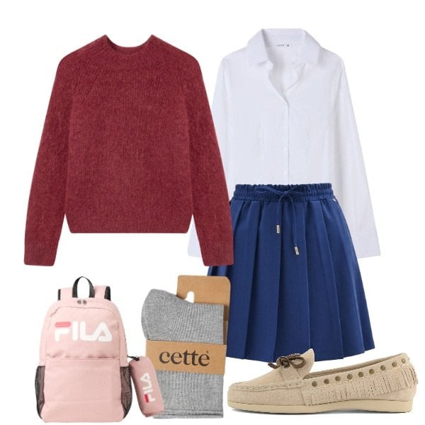 Outfit donna - Preppy Sporty: Il fascino collegiale. Stile Preppy per Scuola/Università. look ideale per Petite. Abbinamento con zaini, pullovers, camicie, calzini, minigonne, mocassini.
