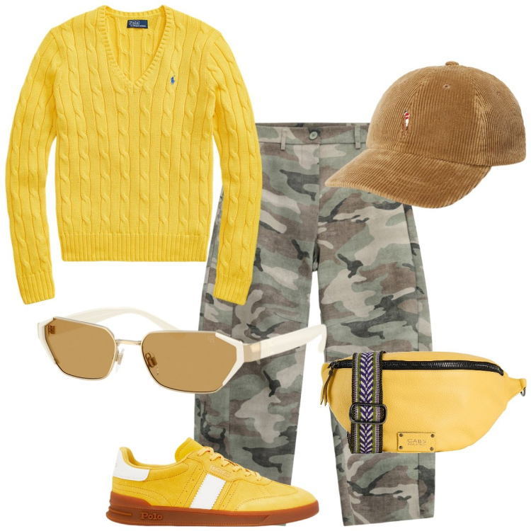 Outfit donna - Military in giallo. Stile Casual per Tutti i giorni. Abbinamento con marsupi, pantaloni, sneakers, maglieria, cappelli con visiera, occhiali da sole.