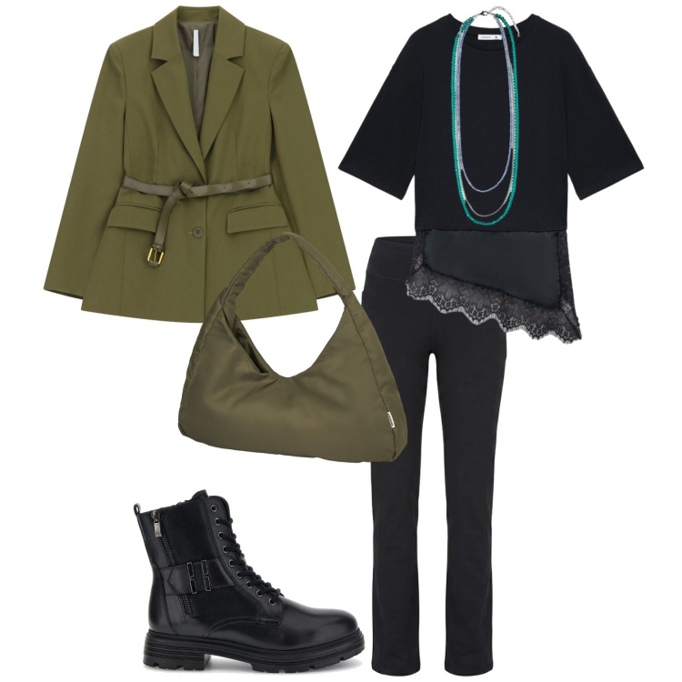 Outfit donna - La blusa di traverso. per Tutti i giorni. Abbinamento con t-shirt, blazer, collane, borse a spalla, pantaloni, anfibi.