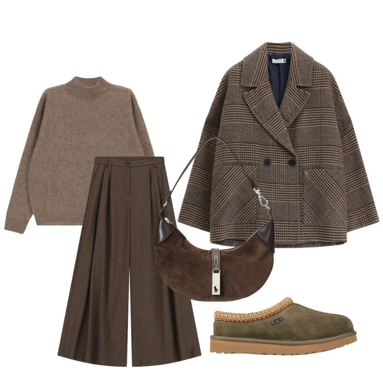 Outfit donna - Total look #2485796. Stile Trendy per Tutti i giorni. Abbinamento con pantaloni a palazzo, borse a spalla, blazer, pullovers, stivaletti.