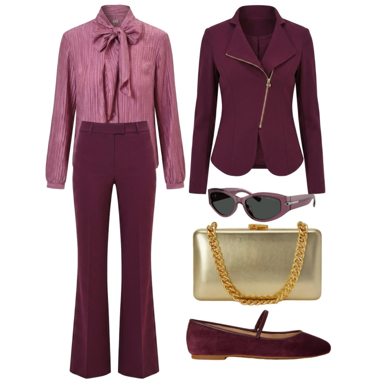 Outfit donna - Cerimonia in vigneto. Stile Casual chic per Cerimonia. Abbinamento con blazer, camicie, pantaloni, ballerine, occhiali da sole, clutch.