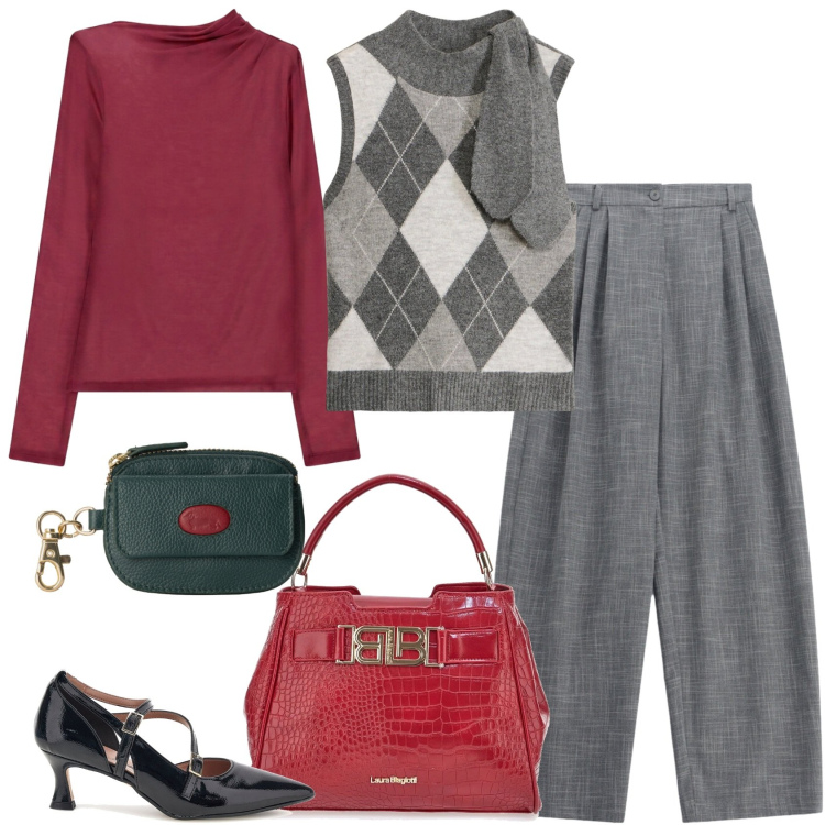 Outfit donna - Total look #2485799. Stile Casual chic per Ufficio. Abbinamento con maglieria, pantaloni a palazzo, t-shirt, portamonete, borse a mano, décolleté.