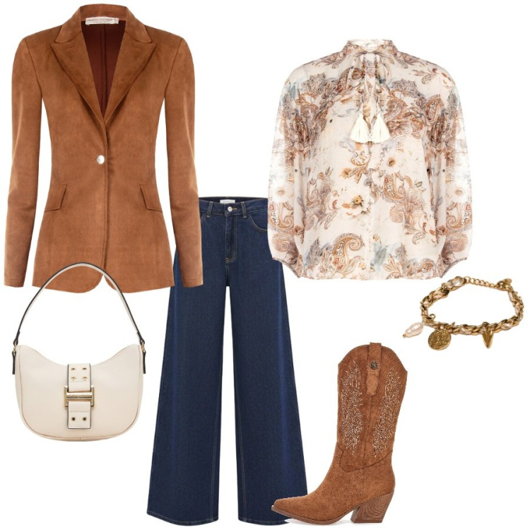 Outfit donna - Country chic urbano. Stile Boho per Tutti i giorni. Abbinamento con blazer, jeans, bluse, braccialetti, stivaletti texani, borse a tracolla.