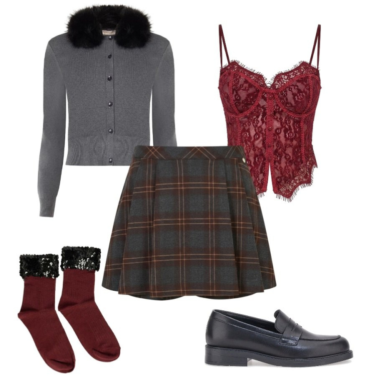 Outfit donna - Dark Academy in Borgogna. Stile Preppy per Tutti i giorni. Abbinamento con top, minigonne, cardigans, calzini, mocassini.