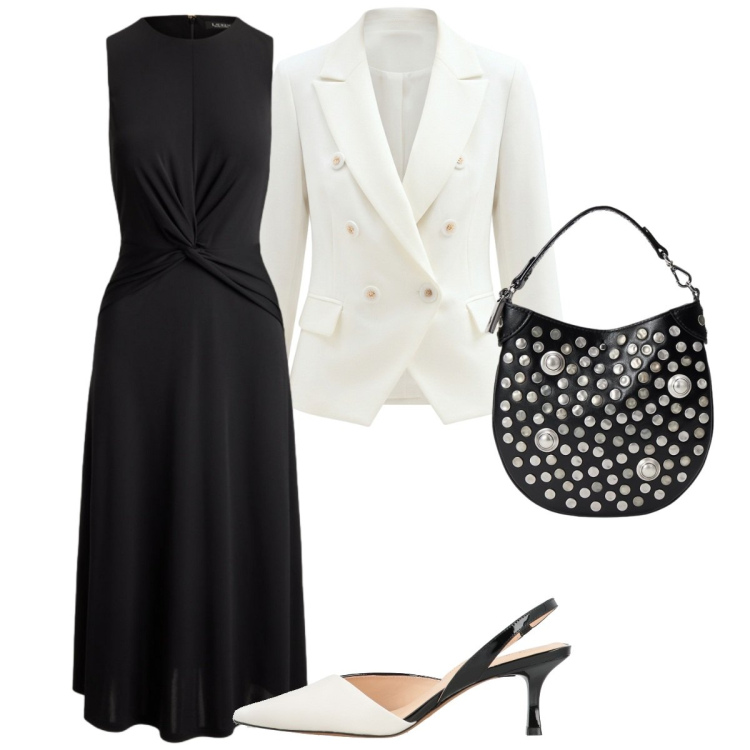 Outfit donna - Bianco/nero. Stile Basic per Serata fuori. Abbinamento con vestiti senza maniche, borse a mano, blazer, décolleté.