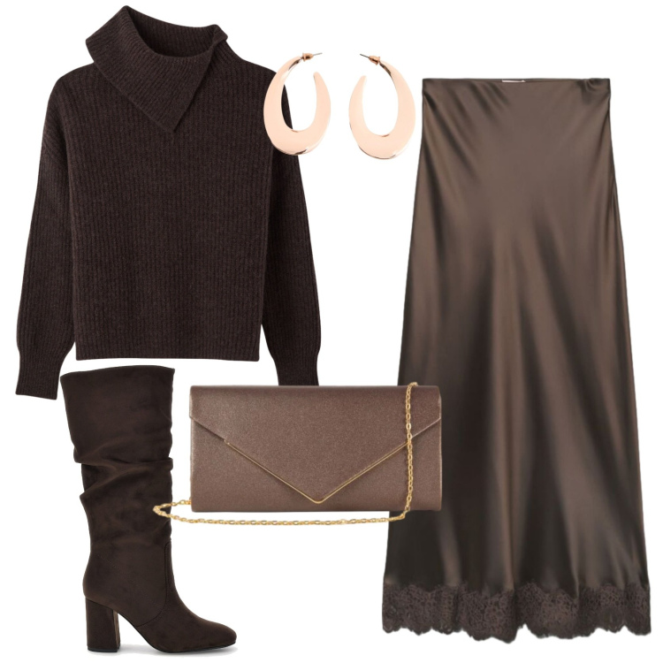 Outfit donna - Elegant old money. Stile Chic per Tutti i giorni. Abbinamento con orecchini, pullovers, gonne lunghe, clutch, stivali sopra il ginocchio.