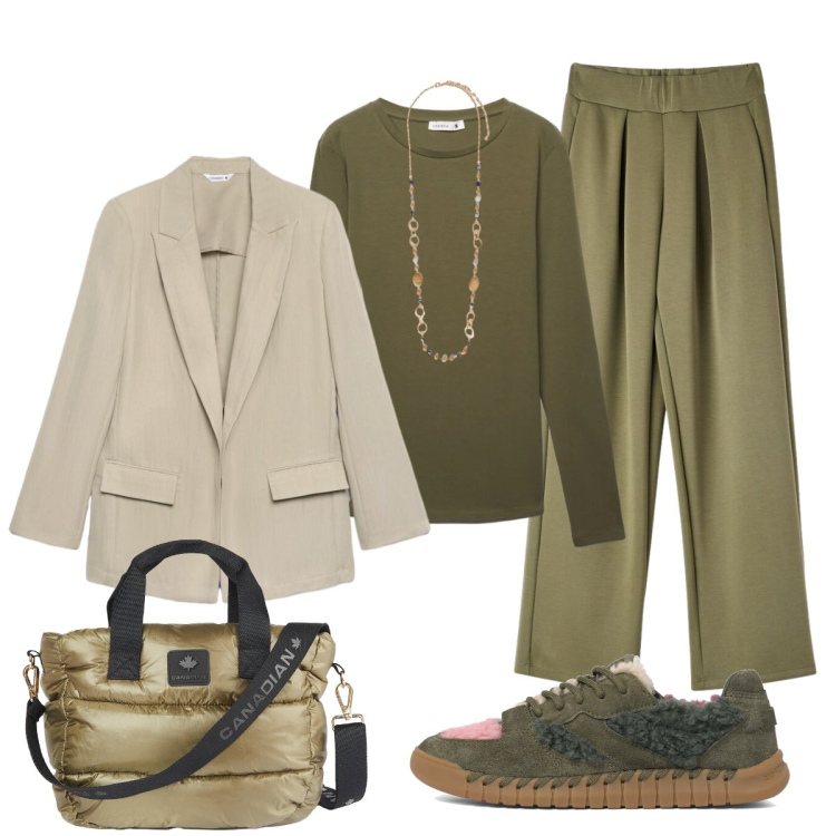 Outfit donna - Sfumature green. Stile Sporty chic per Tutti i giorni. Abbinamento con collane, borse tote, pantaloni, blazer, t-shirt, sneakers.